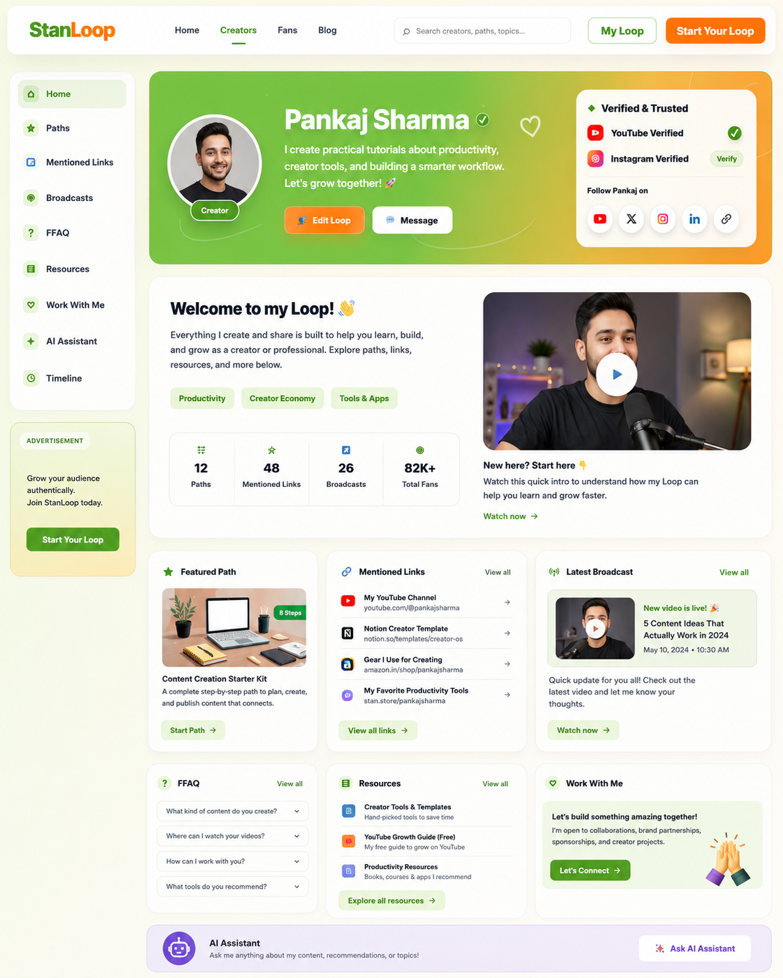 Preview of a StanLoop creator Loop page showing a creator hero, welcome section, Paths, Mentioned Links, Broadcasts, Resources, Work With Me, and AI Assistant.
